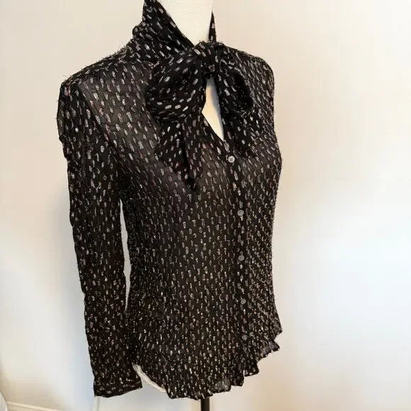 J. Crew Tie Neck Sheer Rainbow Lurex Dot Blouse Top In Black Size XS - Picture 8 of 14